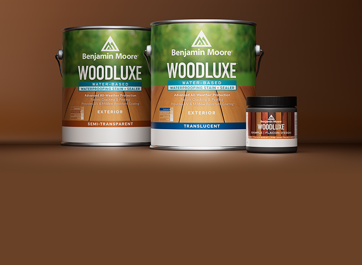 Two gallons of Benjamin Moore® Woodluxe® Exterior stains and an 8 oz. sample.