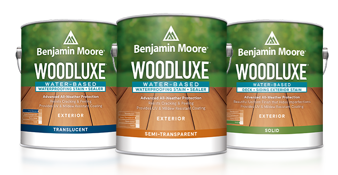 Three gallons of Benjamin Moore® Woodluxe® Exterior stains.
