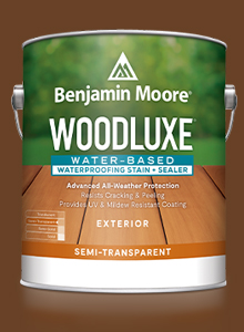 A gallon of Benjamin Moore® Woodluxe® Exterior stain and an 8 oz. sample.